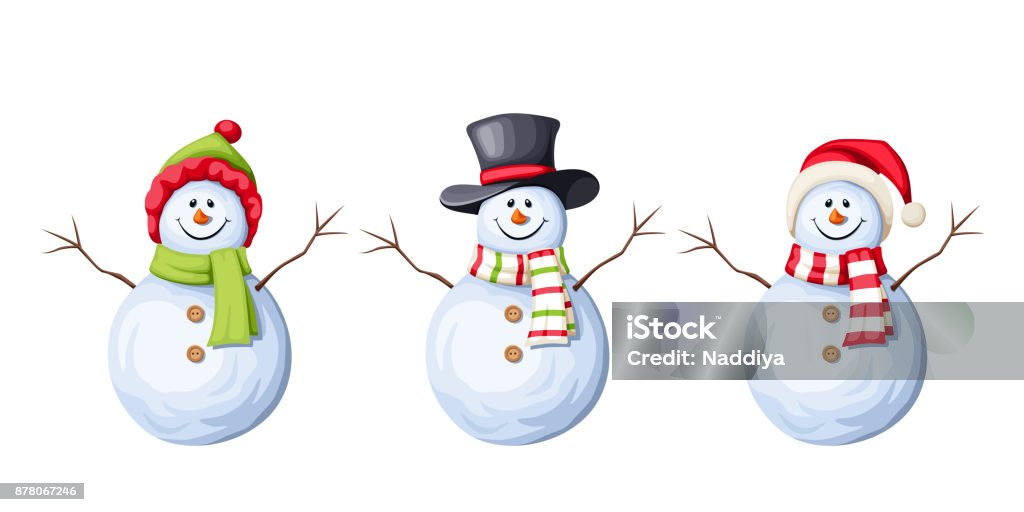 Set of Christmas snowmen. Vector illustration. Vector set of three Christmas snowmen isolated on a white background. Snowman stock vector