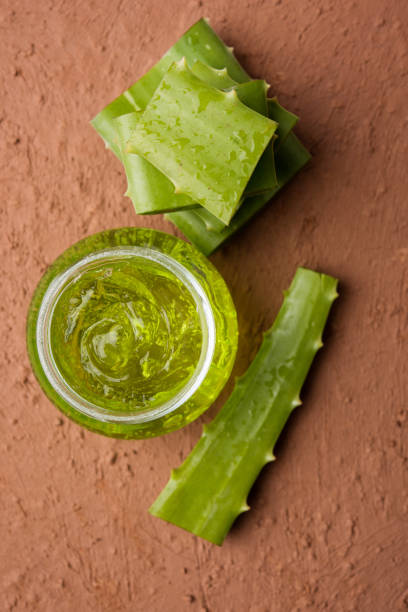 Aloe vera juice, gel, moisturising cream, soap and powder powder stock photo