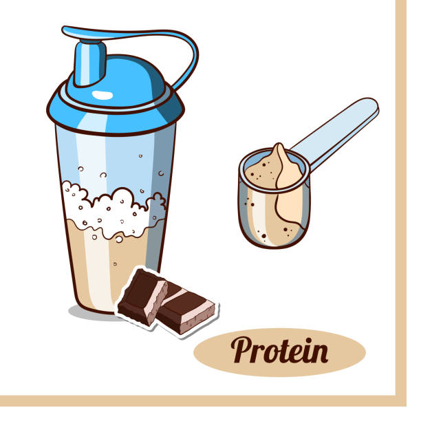 scoop_protein_shaker_chocolate - whey protein isolate stock illustrations