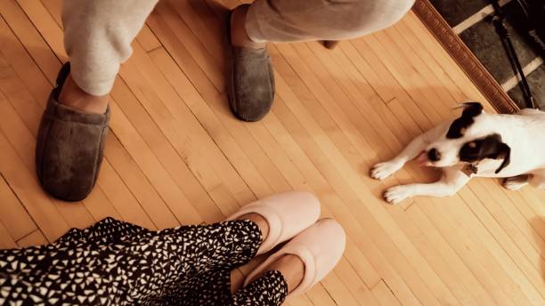 Couple relaxing at home with dog