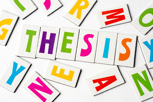 word thesis made of colorful letters on white background