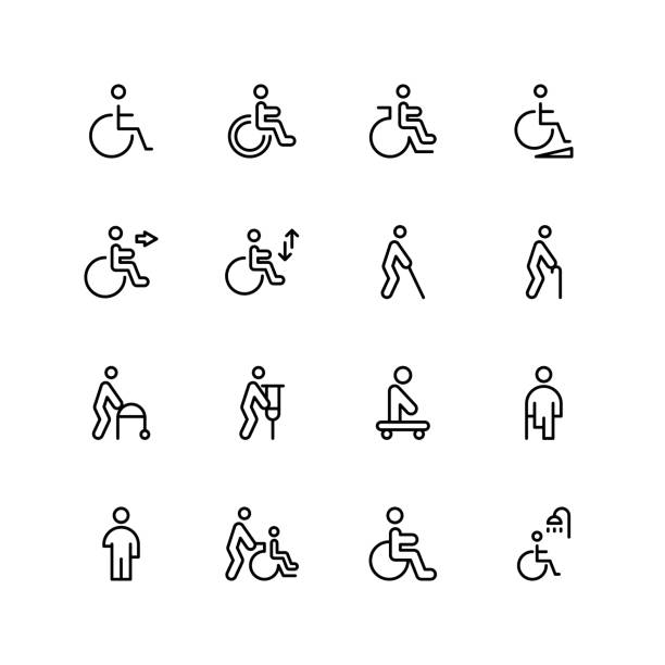 illustrazioni stock, clip art, cartoni animati e icone di tendenza di icona piatta disabilitata - silhouette interface icons wheelchair icon set