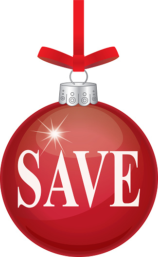 Vector illustration of a red christmas ornament with the word SAVE on it in white type.