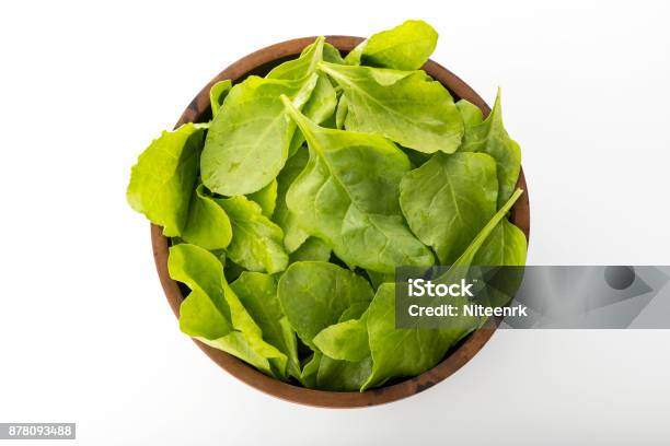 Top View Of Fresh Green Spinach Leaves In Wooden Bowl Isolated On White Background Stock Photo - Download Image Now