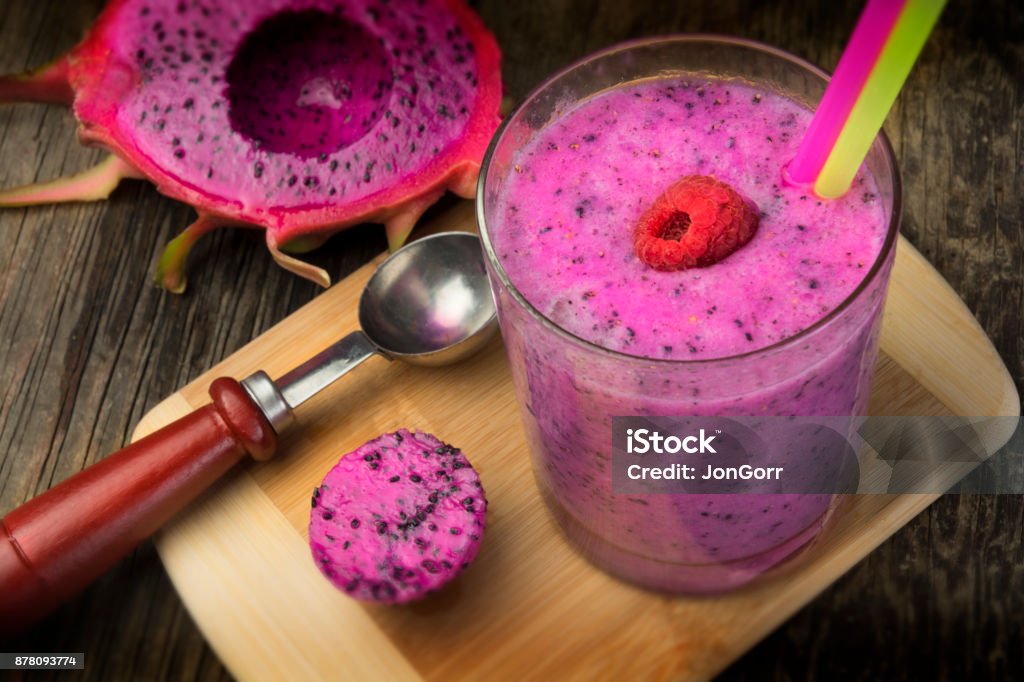Dragonfruit Purple Smoothie Drink With Rasberry And Straws Pitaya Stock Photo
