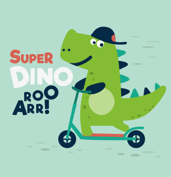 Cute dinosaur rides on kick scooter Cute dinosaur rides on kick scooter scooter stock illustrations