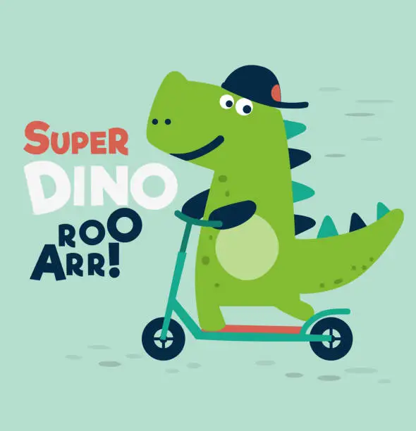 Vector illustration of Cute dinosaur rides on kick scooter