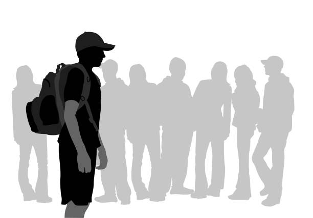 Uncomfortable Anxiety Silhouette illustration of a junior highschool student facing a crowd of older students silhouette of bad boy stock illustrations