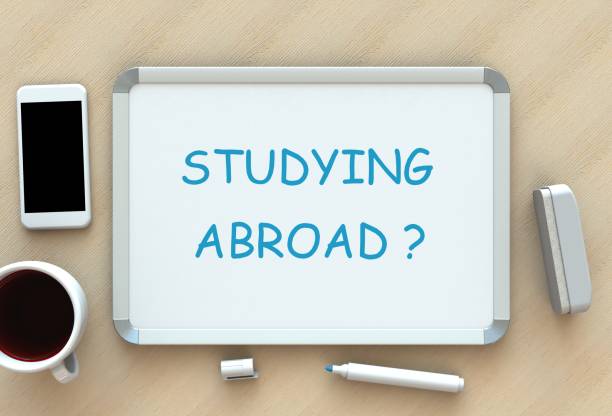 istock Studying Abroad, message on whiteboard, smart phone and coffee on table, 3D rendering 878119408