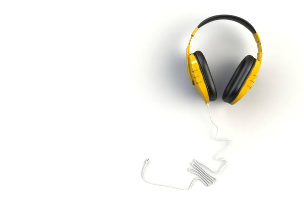 istock Yellow headphones on white background, Top view with copyspace for your text, 3D rendering 878121846