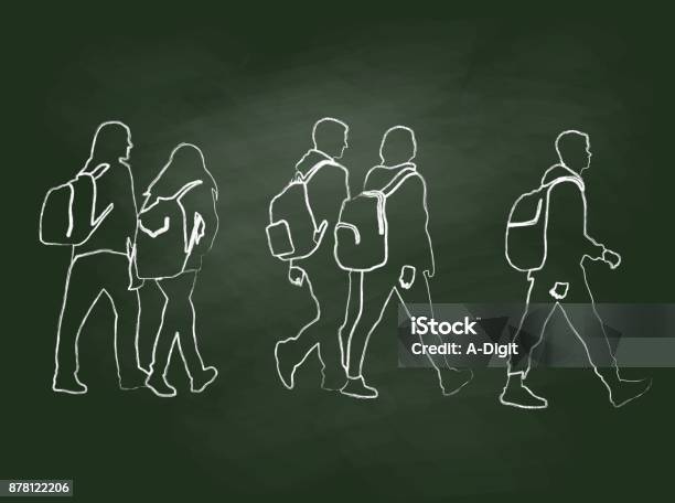 Chalkboard Student Walk Stock Illustration - Download Image Now - University, First Day Of School, Adolescence