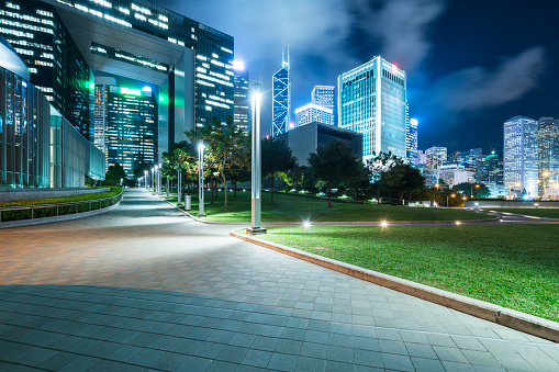 night view of Hong Kong central district with city park,China,Asia.