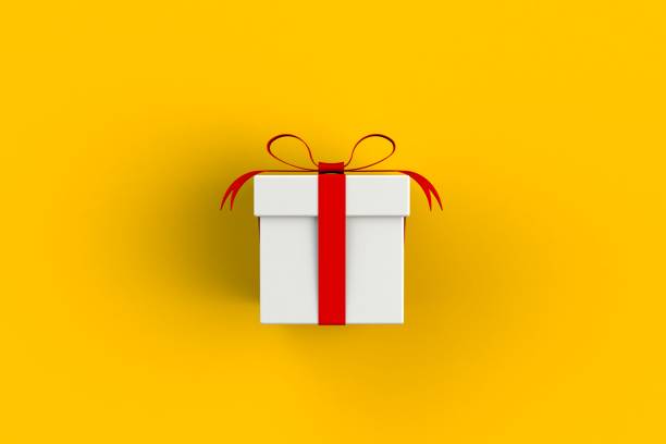 istock Christmas and New Year's Day ,red white gift box isolated on yellow background, 3D rendering 878124714