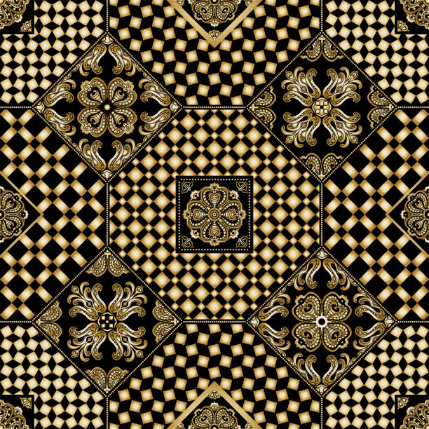 Vector abstract seamless patchwork background from black and golden ornaments, geometric Moroccan patterns, stylized flowers, leaves ornate silhouette. Ethnic, Indian folklore Vector abstract seamless patchwork background from black and golden ornaments, geometric Moroccan patterns, stylized flowers, leaves ornate silhouette. Ethnic, Indian folklore drawing of a shape octagon stock illustrations