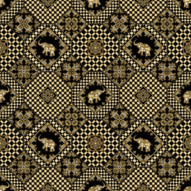 abstract seamless patchwork background from black and golden ornaments, geometric Moroccan patterns, stylized flowers, leaves and fairy elephant ornate silhouette. Ethnic, Indian folklore abstract seamless patchwork background from black and golden ornaments, geometric Moroccan patterns, stylized flowers, leaves and fairy elephant ornate silhouette. Ethnic, Indian folklore drawing of a shape octagon stock illustrations