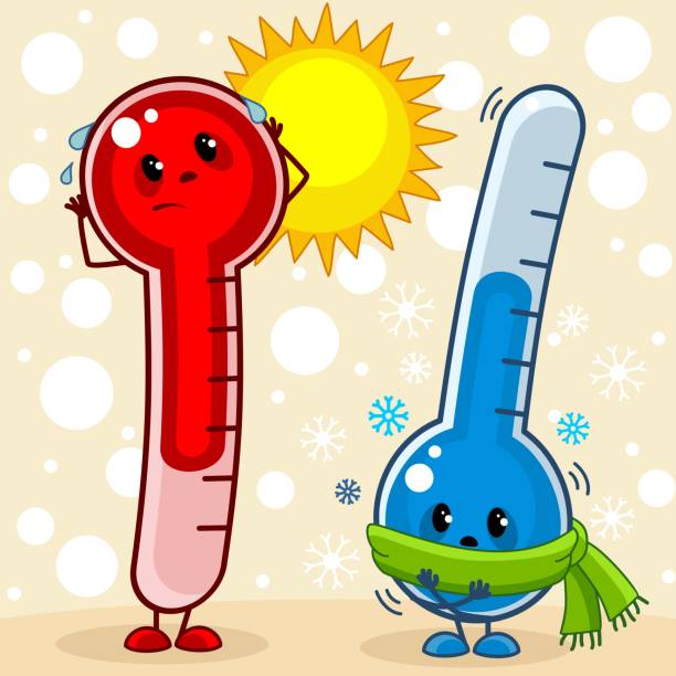 Red and blue thermometers Two characters in the thermometer are blue and red, which show a cold and hot temperature. cartoon thermometer stock illustrations
