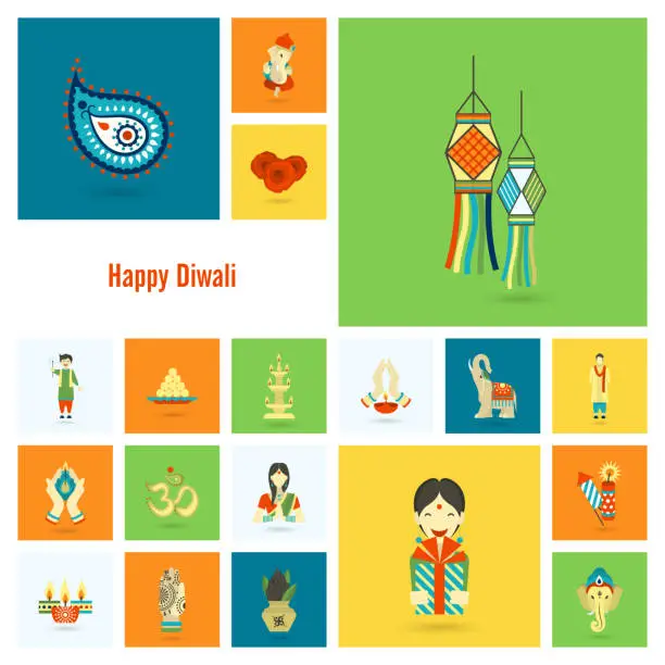 Vector illustration of Diwali. Indian Festival Icons
