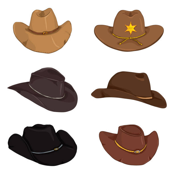 ilustraciones, imágenes clip art, dibujos animados e iconos de stock de vector conjunto de sombreros de vaquero de color de dibujos animados - sheriff