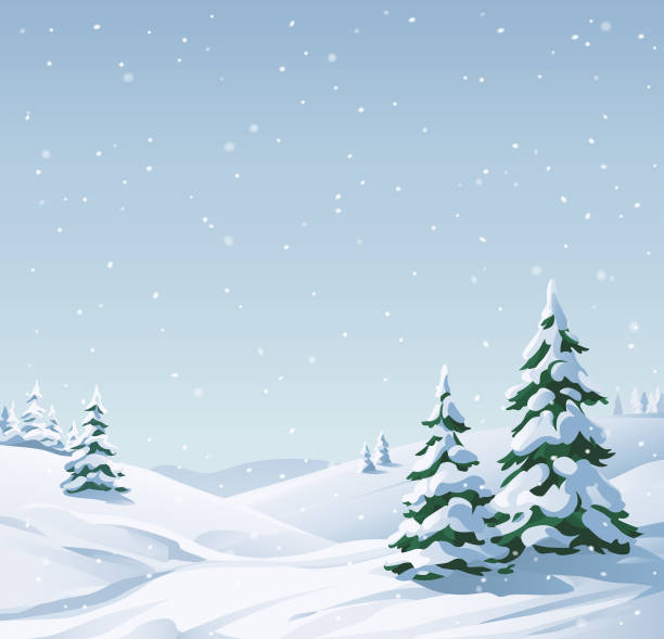 Snowy Landscape Idyllic winter landscape with snowy fir trees and hills. Vector illustration with space for text. fir tree illustrations stock illustrations