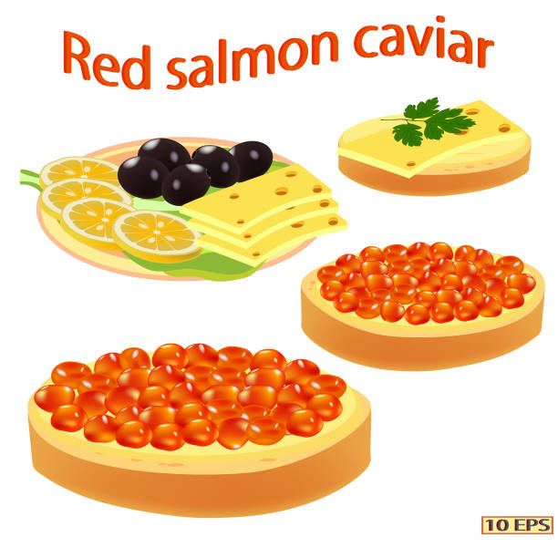 ilustrações, clipart, desenhos animados e ícones de caviar vermelho. sanduíche com caviar de salmão isolado em close-up de fundo branco. vector. - heap caviar animal egg fish roe