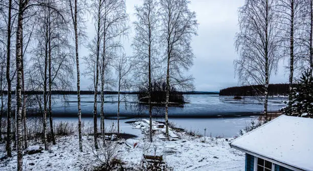 Winter landscape - lake, forest, house