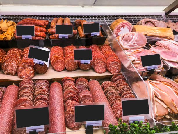 Variation salami,chorizo and bacon on sale Variation salami,chorizo and bacon on sale hungarian culture stock pictures, royalty-free photos & images