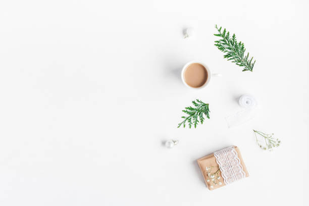 istock Coffeee, christmas gift, thuja branches. Flat lay, top view 878198904