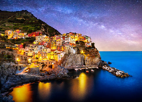 Composition of Manarola village from Cinque Terre region at night with the Milky way. Italy