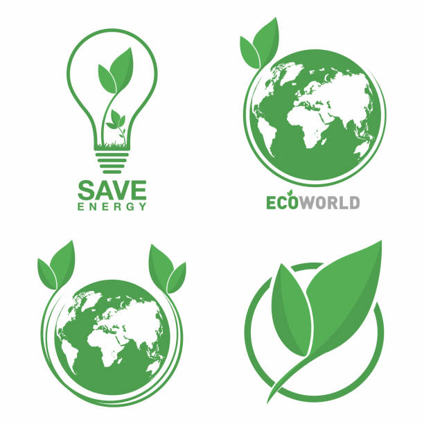 Ecology logo set. Eco world, green leaf, energy saving lamp symbol. Eco friendly concept for company logo Ecology logo set. Eco world, green leaf, energy saving lamp symbol. Eco friendly concept for company logo. Vector how to save environment stock illustrations