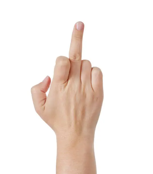 A raised hand makes the obscene  middle-finger gesture signifying "f***  you!"