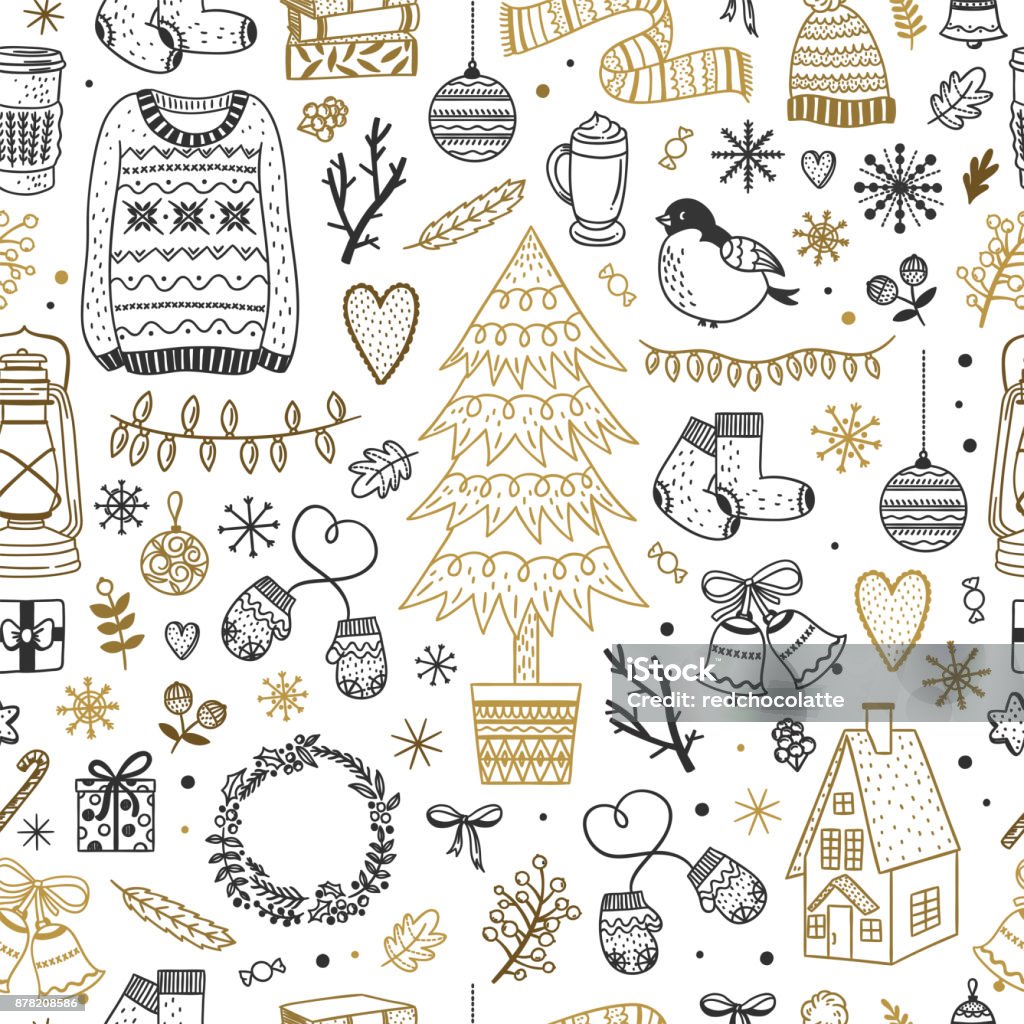 Modello natalizio carino. Sfondo senza cuciture con elementi invernali, doodle di Capodanno e Natale - arte vettoriale royalty-free di Natale