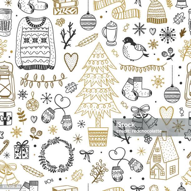 Modello Natalizio Carino Sfondo Senza Cuciture Con Elementi Invernali Doodle Di Capodanno E Natale - Immagini vettoriali stock e altre immagini di Natale