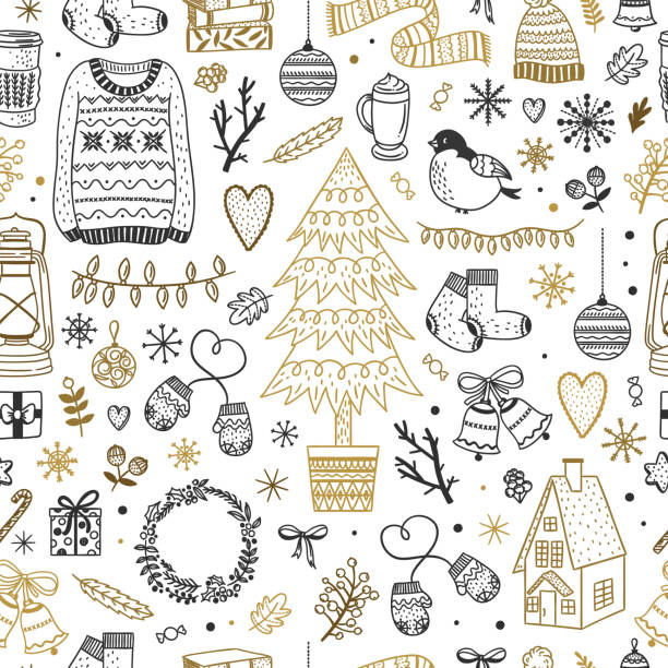 ilustrações de stock, clip art, desenhos animados e ícones de cute christmas pattern. seamless background with winter elements, new year and christmas doodles - santa claus food