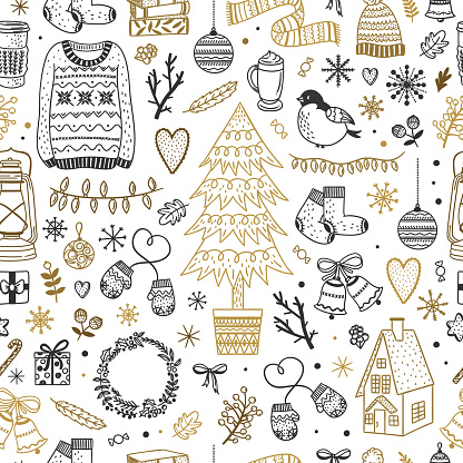 Cute Christmas pattern. Seamless background with winter elements, New Year and Christmas doodles