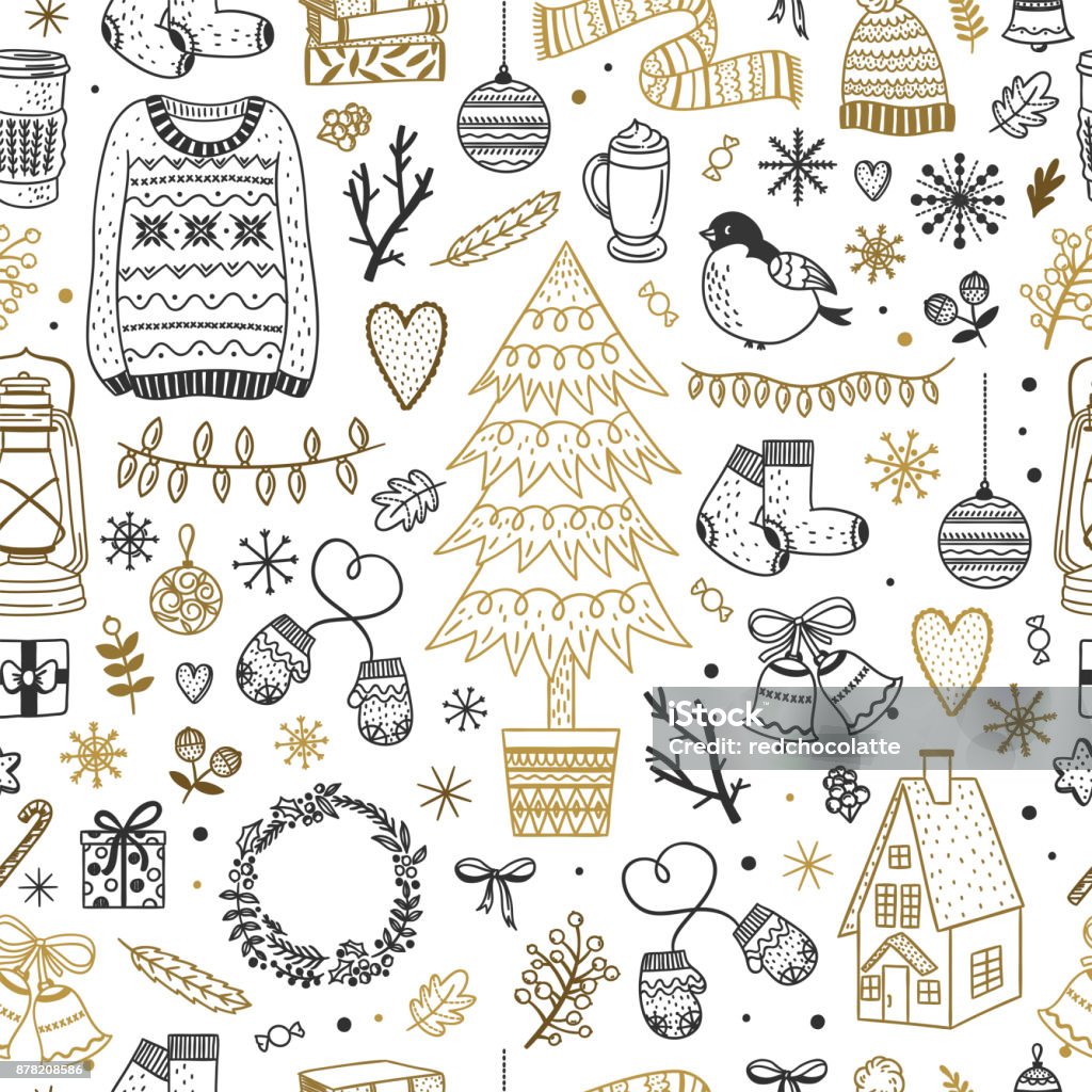 Cute Christmas pattern. Seamless background with winter elements, New Year and Christmas doodles Christmas stock vector