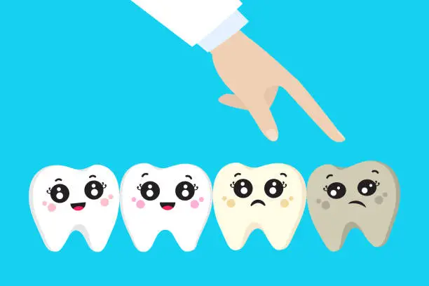 Vector illustration of Cute little teeth. The doctor points to a bad tooth.