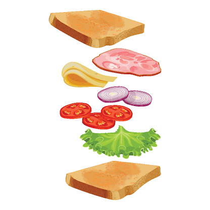 Toasted loaf of bread with lettuce salad, fresh tomatoes, round slices of onion, delicious cheese, bacon ham flying separated ingredients isolated on white background