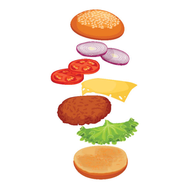 burger mit zutaten, die isoliert auf weiss. knusprige brötchen mit sesam - fat layer stock-grafiken, -clipart, -cartoons und -symbole