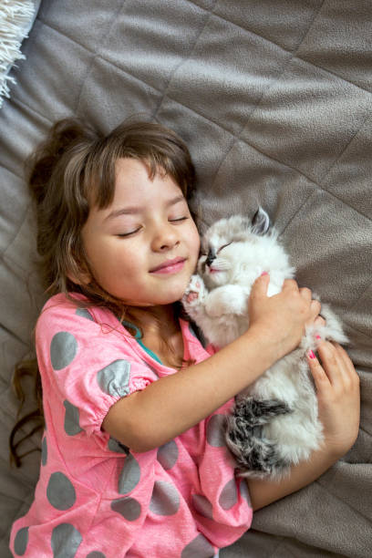 istock Cute girl and her kitten lying down on the bed. 878222096