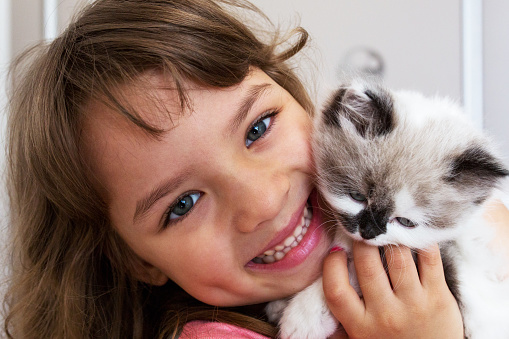 Girl is looking at the camera and holding her kitten.