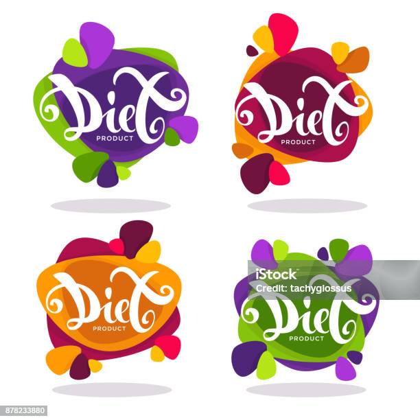 Vector Collection Of Bright Stickers Emblems And Banners With Diet Lettering Composition Stock Illustration - Download Image Now