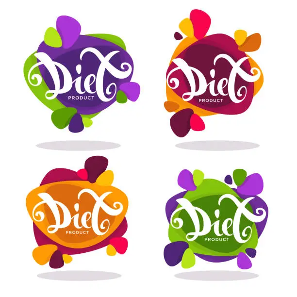 Vector illustration of vector collection of bright  stickers, emblems and banners with diet lettering composition