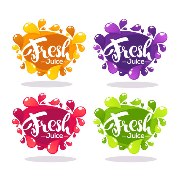 ilustraciones, imágenes clip art, dibujos animados e iconos de stock de colección de burbujas brillantes marcos stickers, emblemas y banderas para zumo de frutas y bayas de vectores - fresh juice