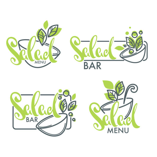 illustrazioni stock, clip art, cartoni animati e icone di tendenza di logo salad bar e menu, emblemi e simboli, composizione lettering con immagine line art di foglie verdi - vegan food food vegetable vegetarian food