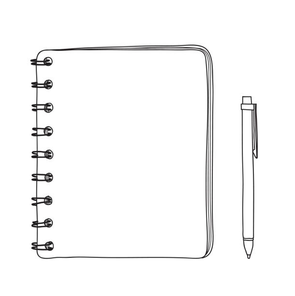 блокнот и ручка ручной обращается вектор линии искусства иллюстрации - spiral notebook diary spiral note pad stock illustrations