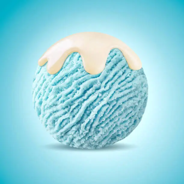 white syrup topping on smurfs bubble gum blue moon ice-cream ball