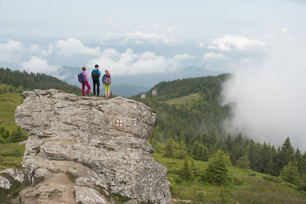 istock Hikers standing on high cliff surrounded by fresh green vegetation 878234846