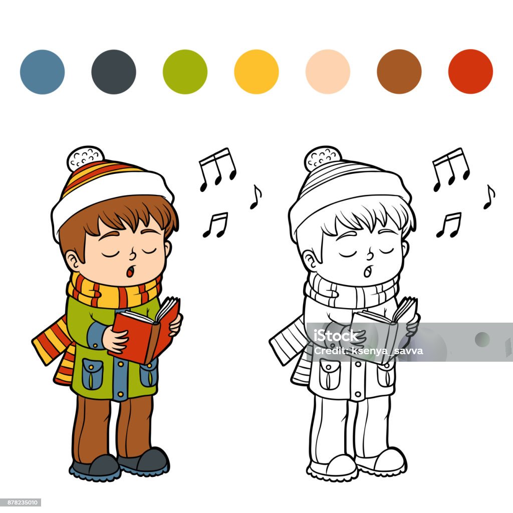 Coloring book, Boy singing a Christmas song Coloring book for children, Boy singing a Christmas song Black And White stock vector