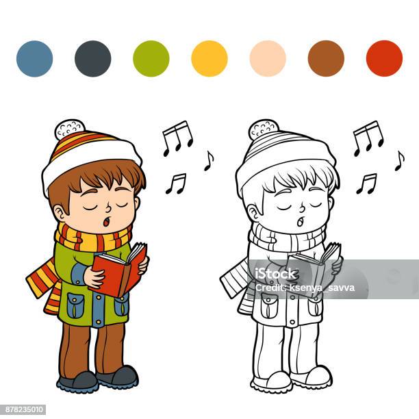 Coloring Book Boy Singing A Christmas Song Stock Illustration - Download Image Now - Black And White, Book, Boys