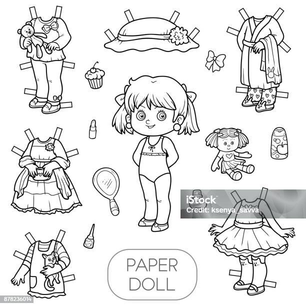Conjunto de desenhos animados preto e branco, boneca de papel bonito e  conjunto de roupas de verão imagem vetorial de ksenya_savva© 338819642